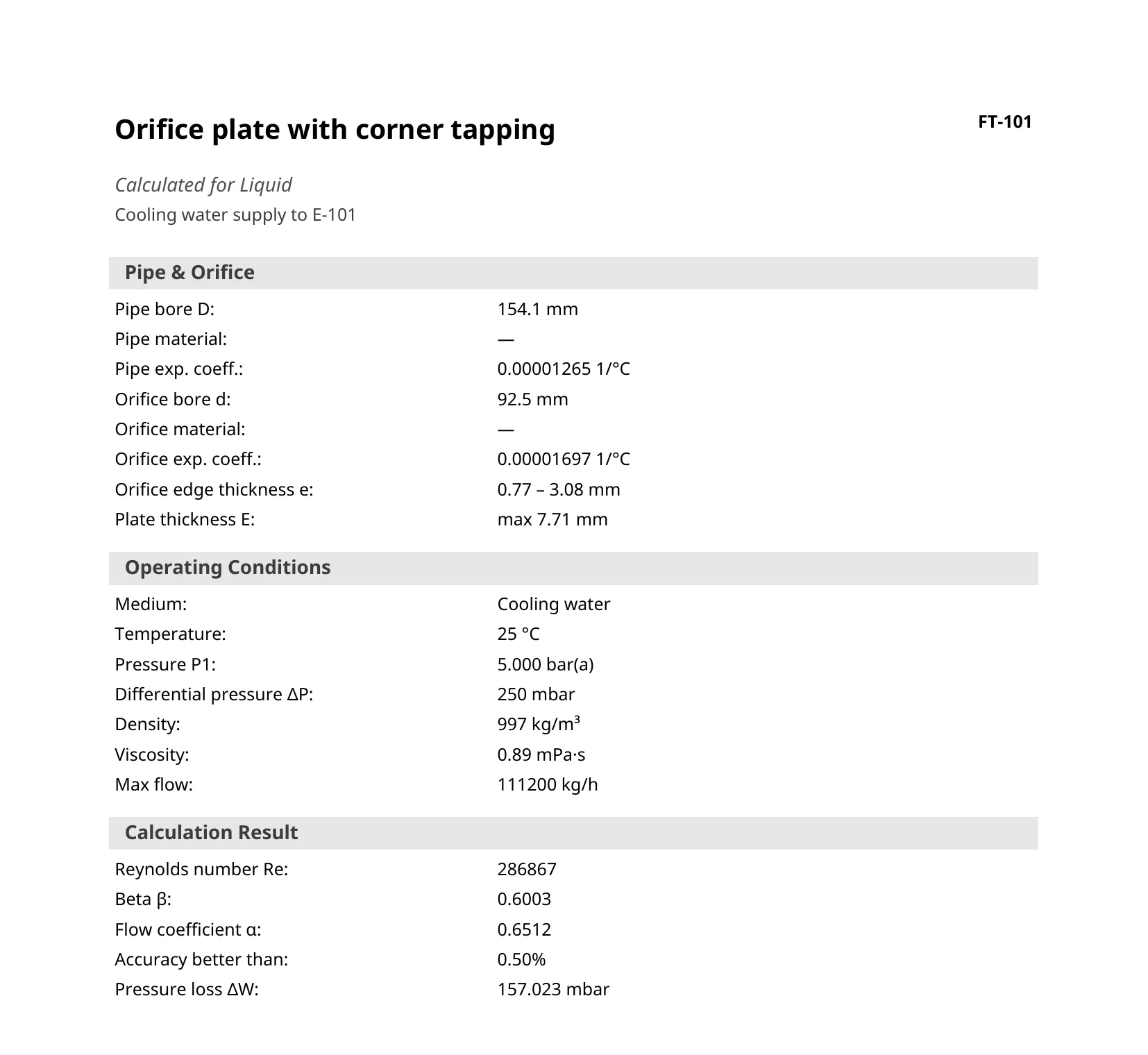 First page of a sample FlowCalc report: pipe and orifice, operating conditions, and calculation result for an orifice plate with corner tapping.