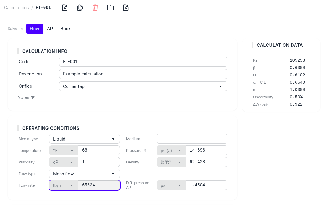 FlowCalc orifice plate calculation showing operating conditions, solve-for toggle, and live results